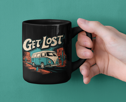 Get Lost Vintage Van Vanlife Utah Arizona Desert Roadtrip Black Coffee Mug 11oz with Retro Camper Print