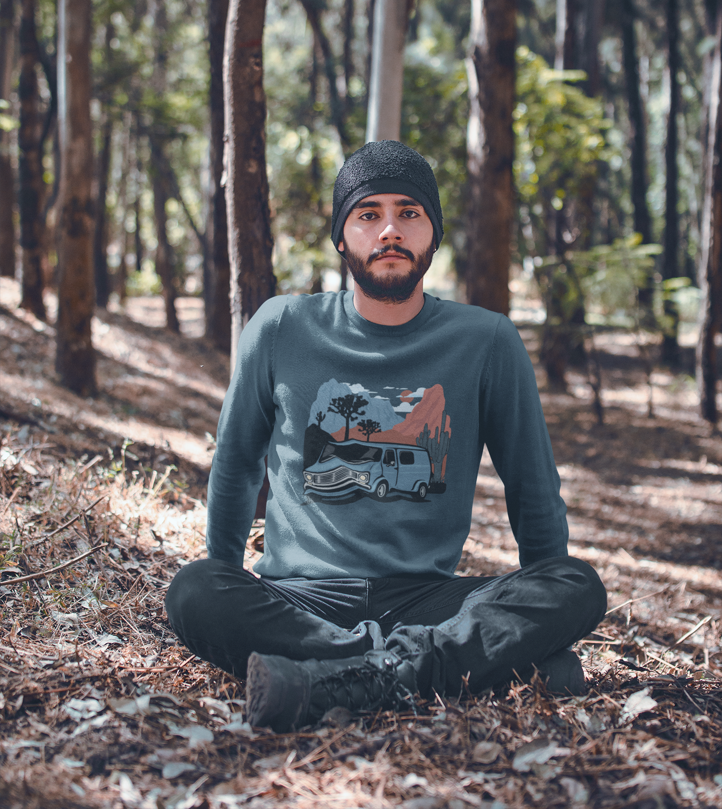 Arizona Desert Vanlife Camper Van Sweatshirt - Long Sleeve Crew Neck Sweater Retro Van in Joshua Tree & Cactus Landscape