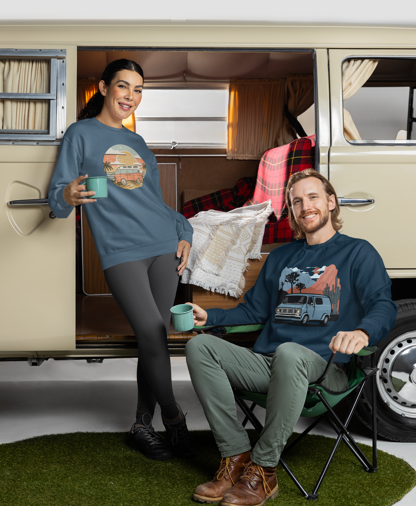 Arizona Desert Vanlife Camper Van Sweatshirt - Long Sleeve Crew Neck Sweater Retro Van in Joshua Tree & Cactus Landscape