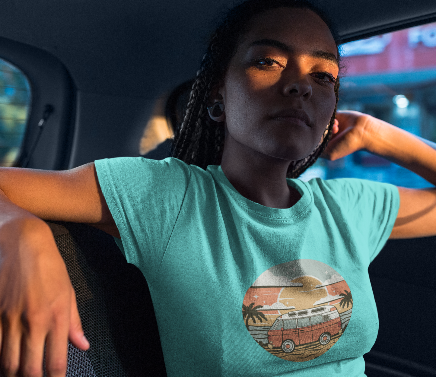 Vintage Van Dreams Nomad Campervan Women's Fitted T-shirt, Retor Vanlife Camping Tee, Coastal Beach California Travel Tees