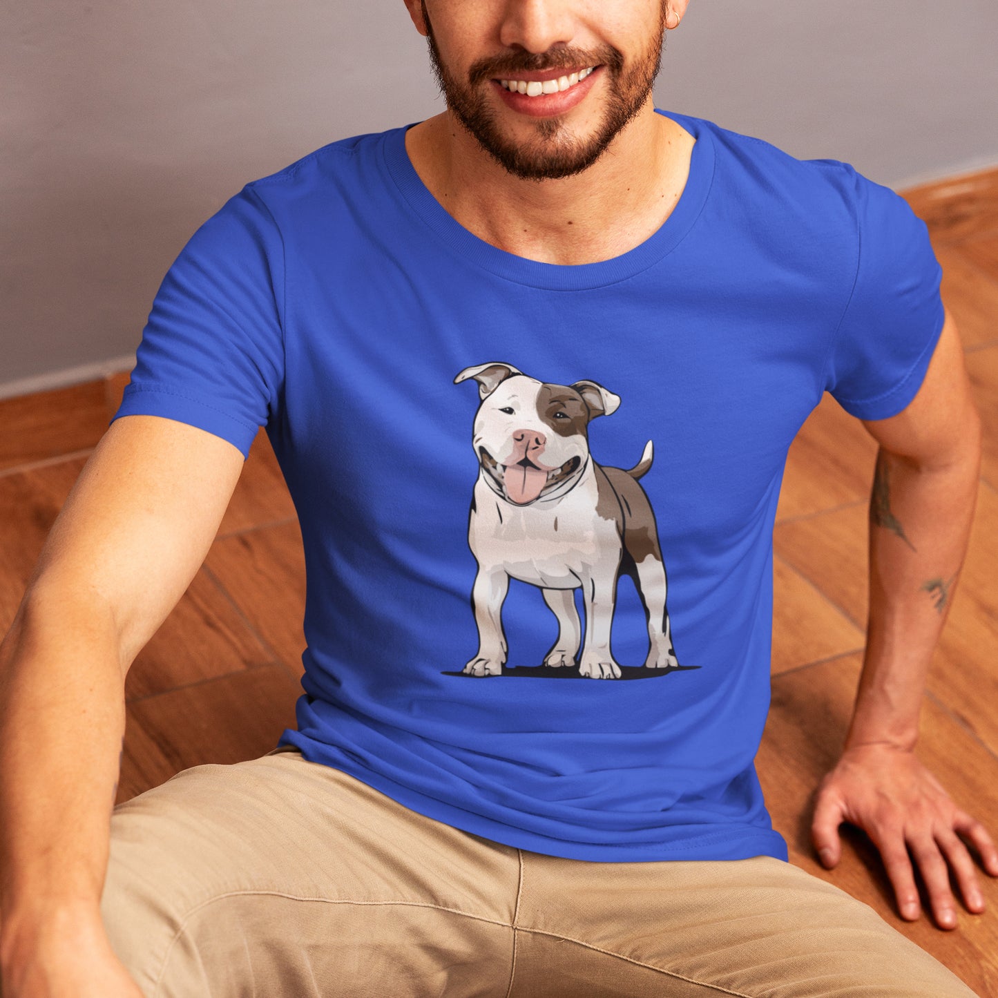 Pit Bull Terrier Dog T-shirt Mens Womens Unisex Jersey Cotton Short Sleeve Tee with White & Brown Pitbull Dogs Pet Design