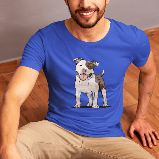 Pit Bull Terrier Dog T-shirt Mens Womens Unisex Jersey Cotton Short Sleeve Tee with White & Brown Pitbull Dogs Pet Design