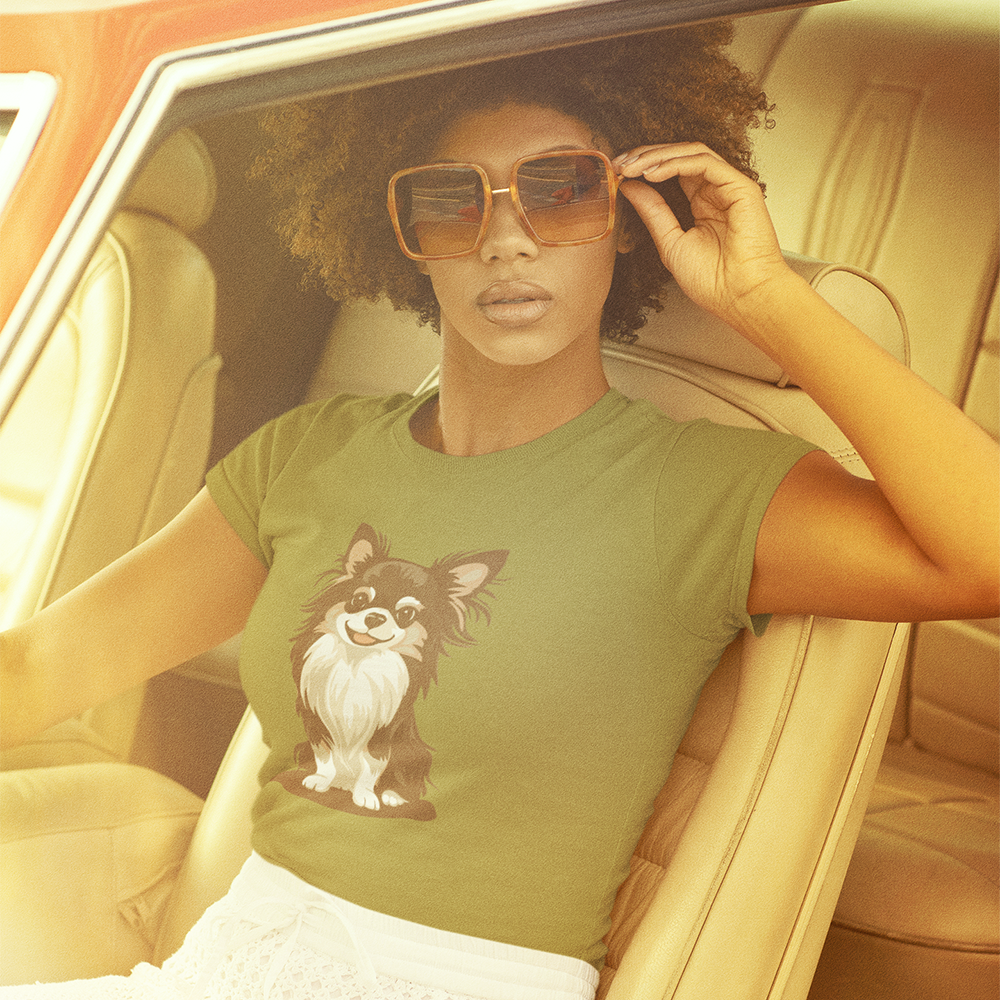 Long Haired Chihuahua Dog Women's Fitted T-shirt with Cute Chihuahuas Pet Puppy Design Ladies Top