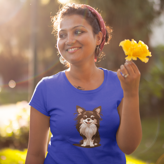 Long Haired Chihuahua Dog Women's Fitted T-shirt with Cute Chihuahuas Pet Puppy Design Ladies Top