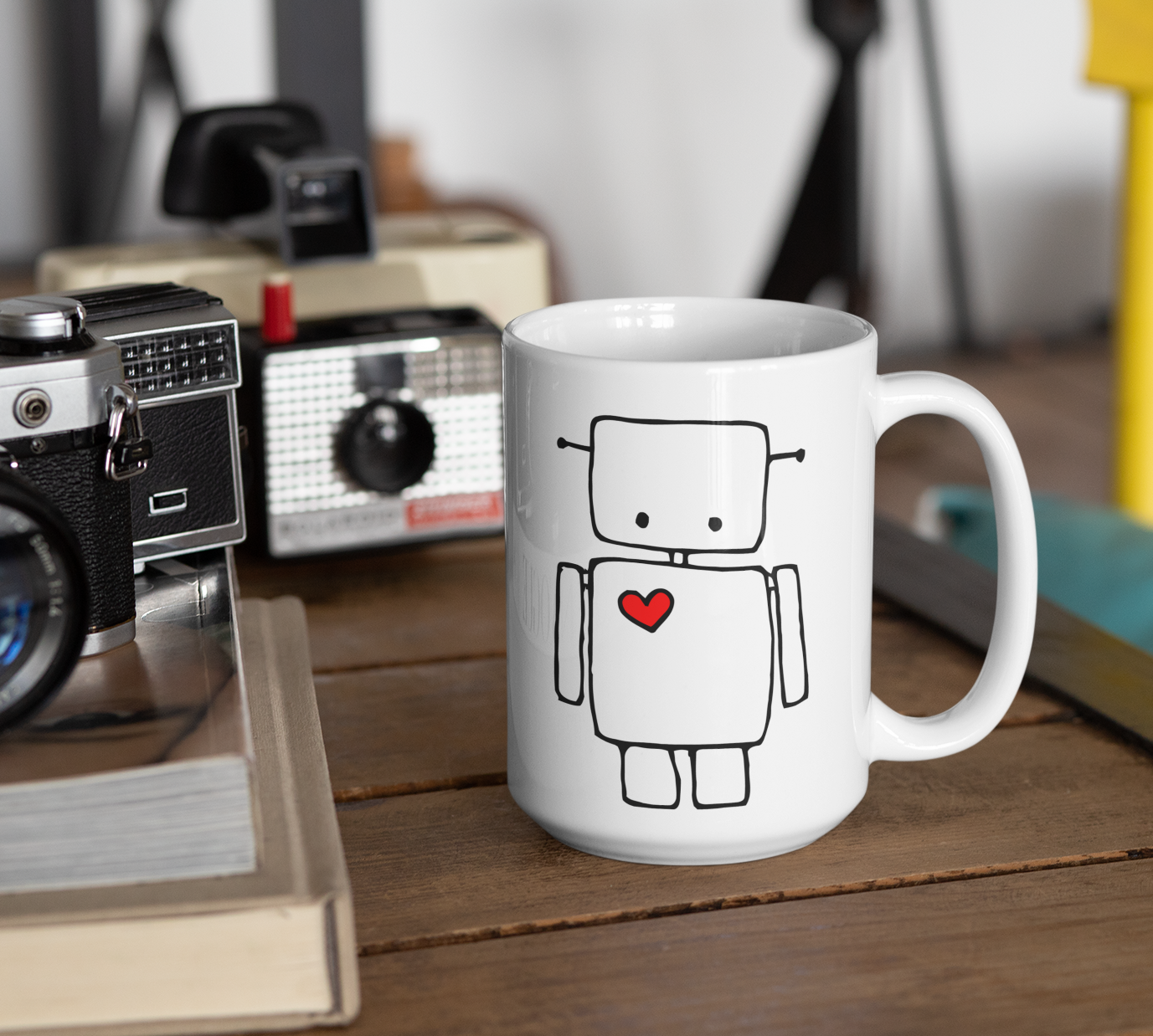 Robot with Red Heart White Ceramic Coffee Tea Mug 11 Oz with Cute Robots Design Drinkware Kitchen Gifts