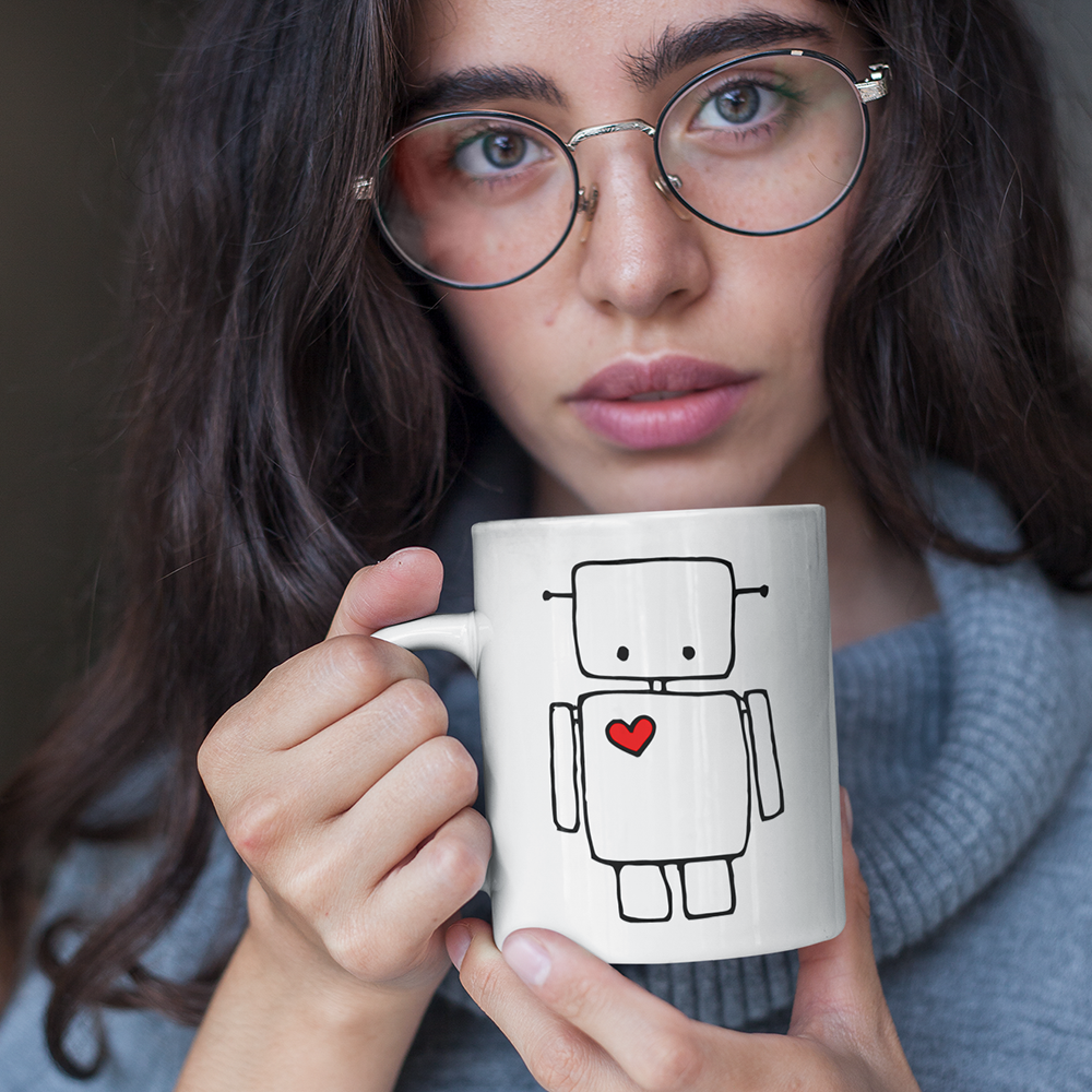 Robot with Red Heart White Ceramic Coffee Tea Mug 11 Oz with Cute Robots Design Drinkware Kitchen Gifts