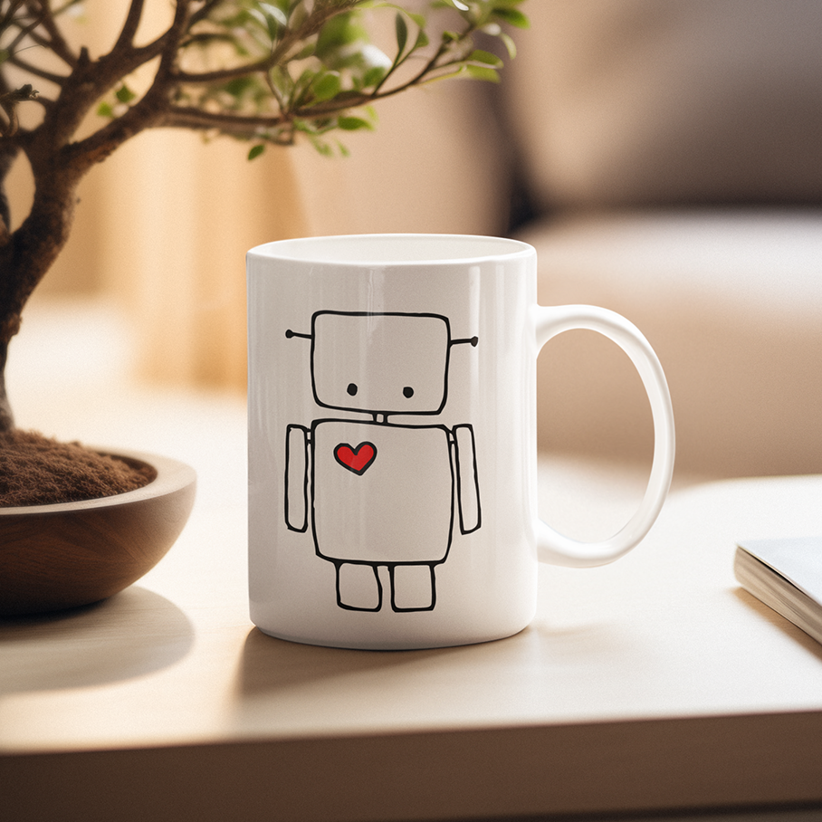 Robot with Red Heart White Ceramic Coffee Tea Mug 11 Oz with Cute Robots Design Drinkware Kitchen Gifts