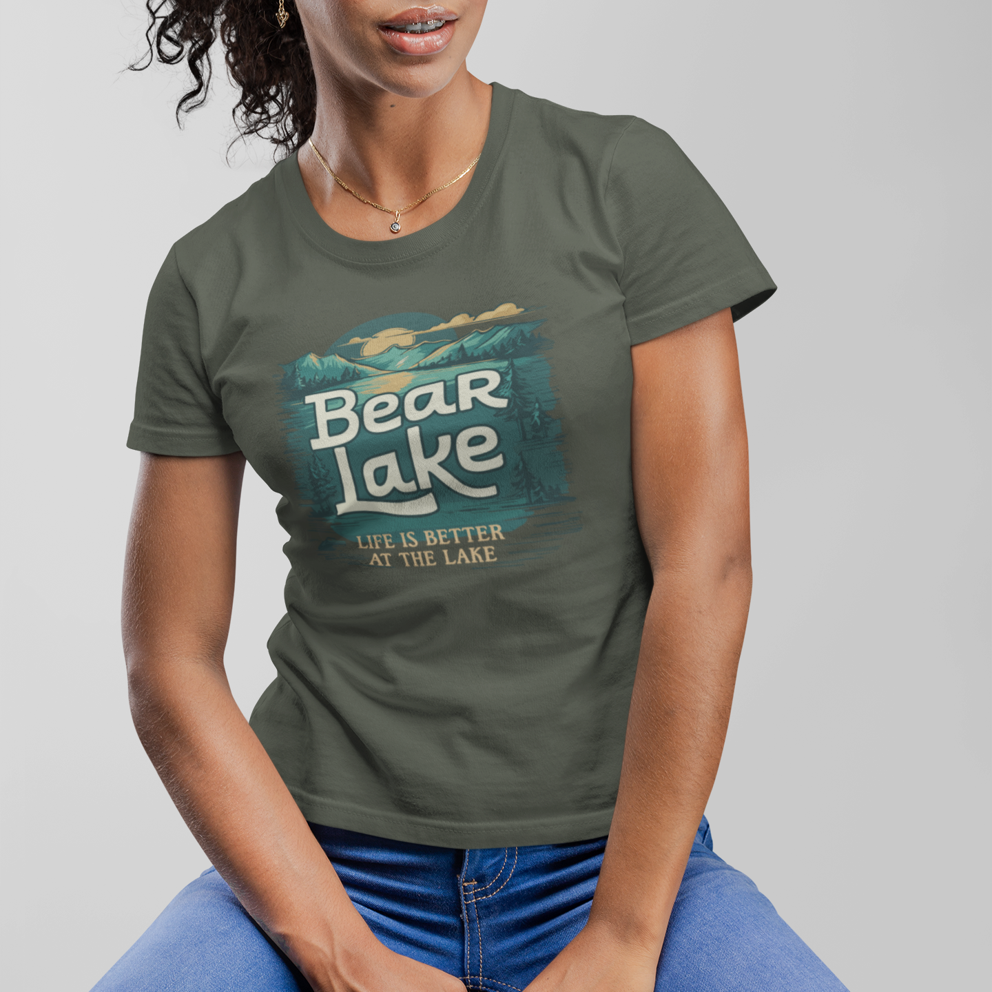 Bear Lake Summer Vacation Travel T-shirt Women's Favorite Fitted Cotton Tee with Scenic Mountain Lake View Short Sleeve Shirts