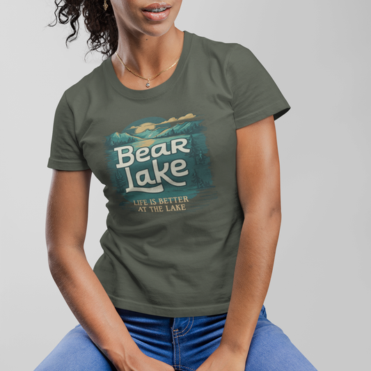 Bear Lake Summer Vacation Travel T-shirt Women's Favorite Fitted Cotton Tee with Scenic Mountain Lake View Short Sleeve Shirts