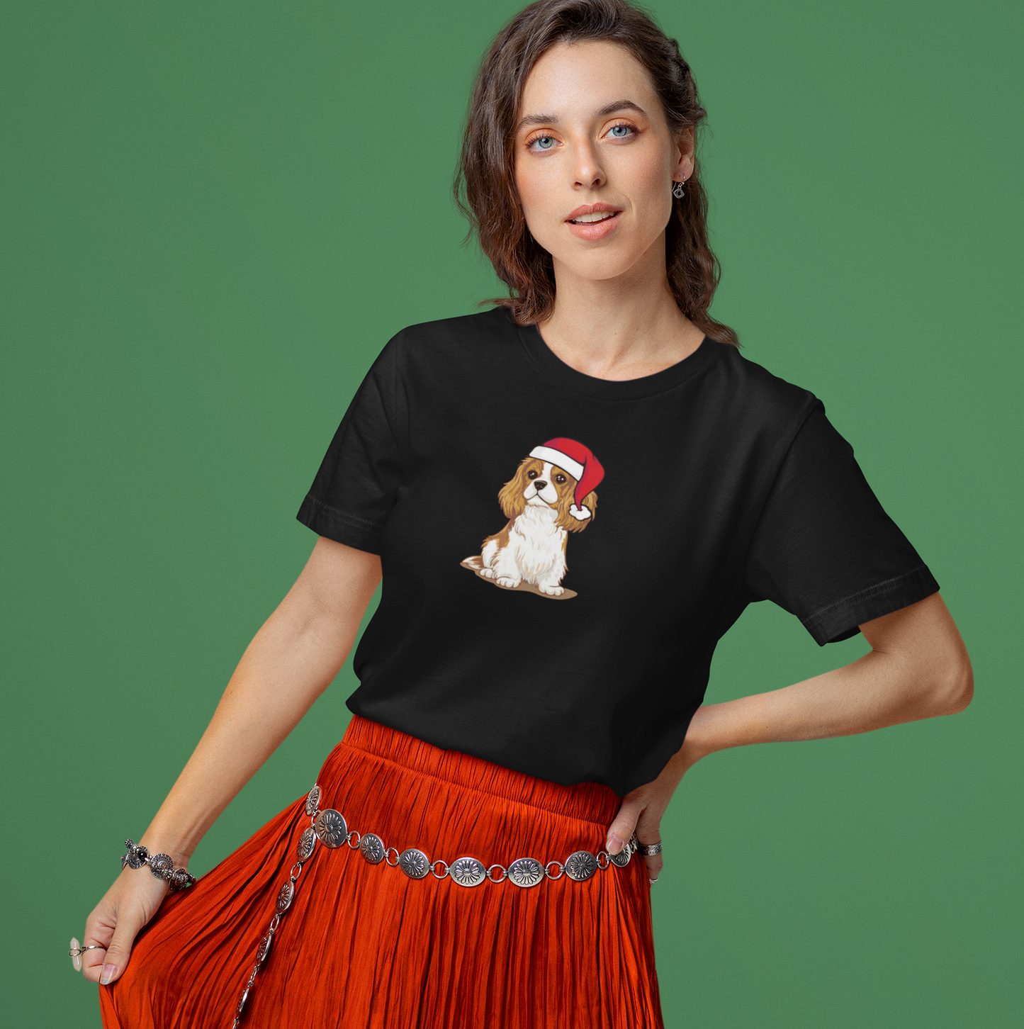 Christmas Blenheim Cavalier King Charles Spaniel Dog T-Shirt, Festive Holiday Xmas Pet Puppy Dogs In Santa Hat Cotton Tee Shirts