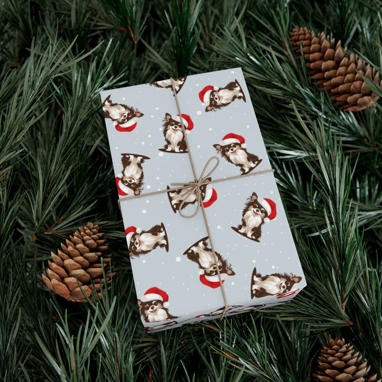 Long Haired Chihuahua Dog Christmas Wrapping Paper, Dogs Print, Cheery Holiday Gift Wrap With Snowy Xmas Puppy In Santa Hat