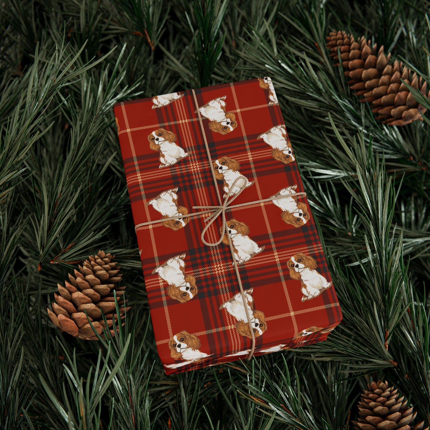 Cavalier King Charles Spaniel Dog Wrapping Paper, Red Plaid Dogs Print Gift Wrap Roll, Christmas Holiday Birthday Matte Wrapping Papers