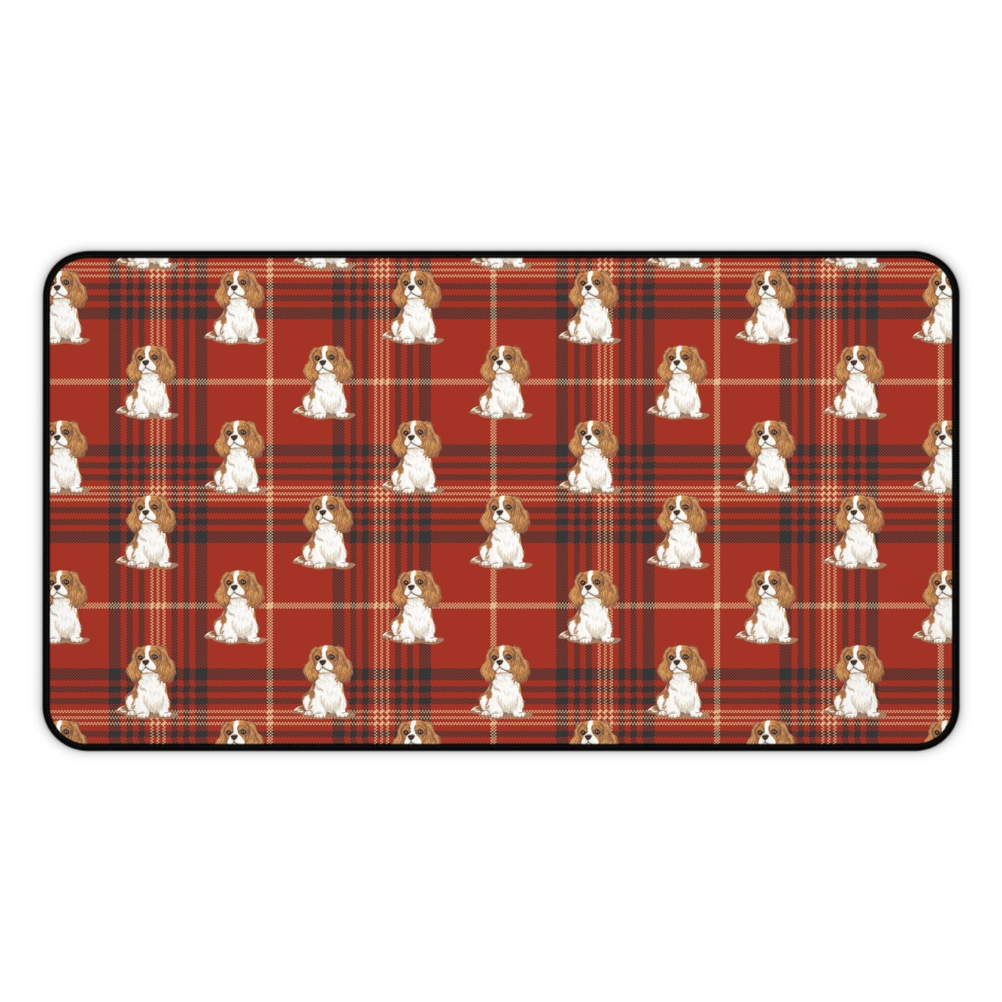 Blenheim Cavalier King Charles Spaniel Dogs Pattern Desk Mat | Red Tartan Plaid Puppy Mouse Pad Surface