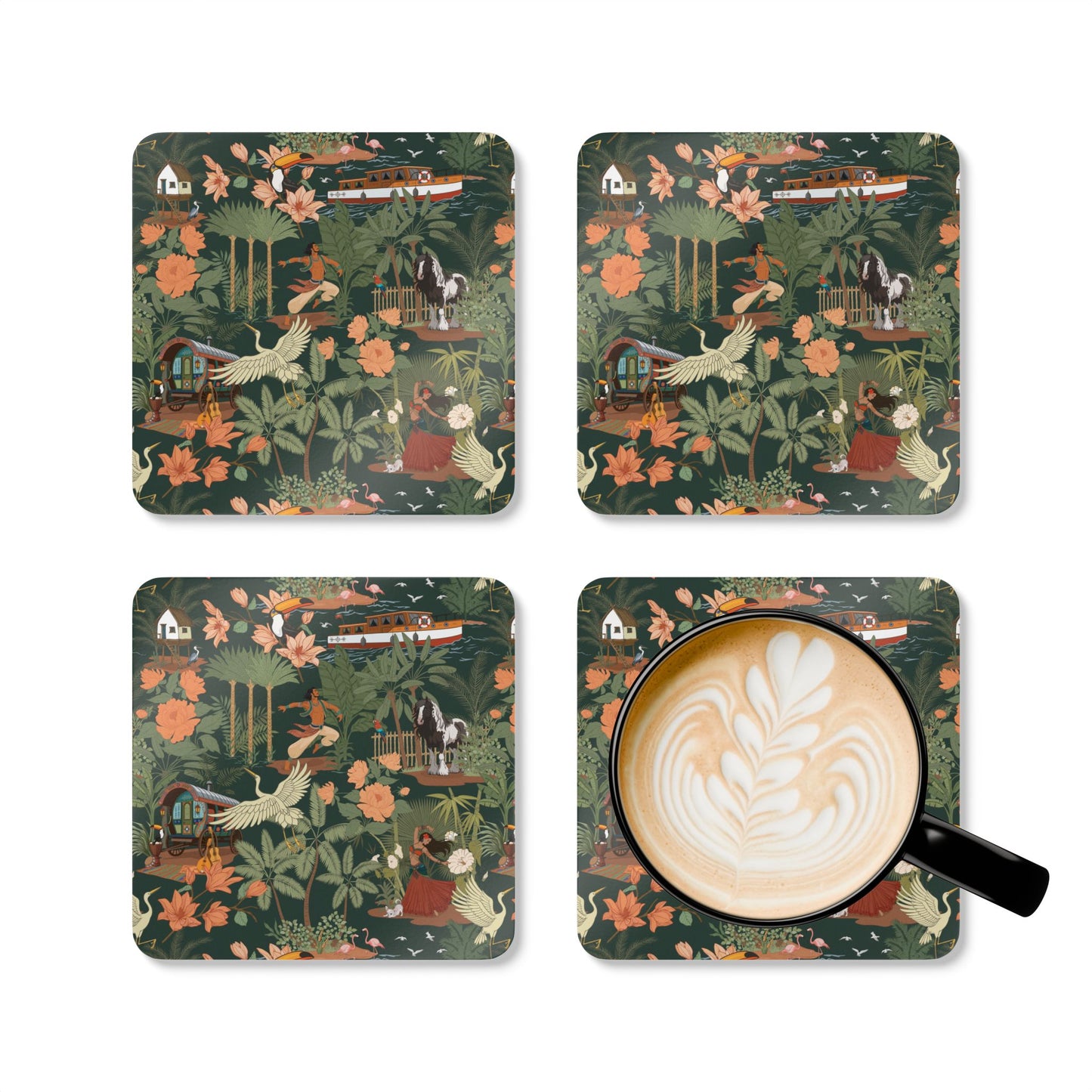 Tropical Nomad Jungle Pattern Cork Coaster Set | 4 Piece Palm Leaves, Birds, Floral Coasters, Island Drinkware