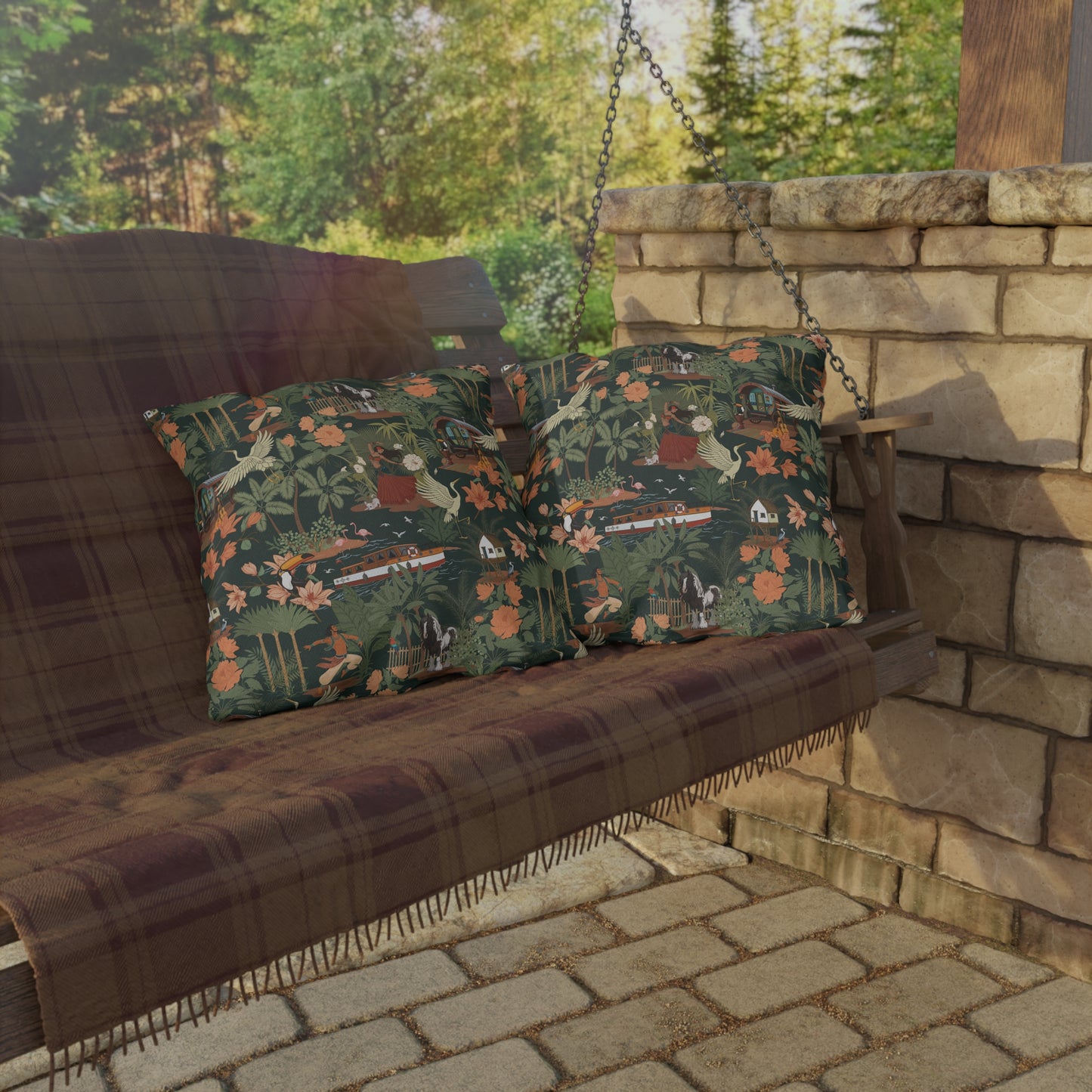 Tropical Nomad Jungle Scene Outdoor Pillows | Vintage Bird Boat Floral Pattern Patio Deck Throw Pillow
