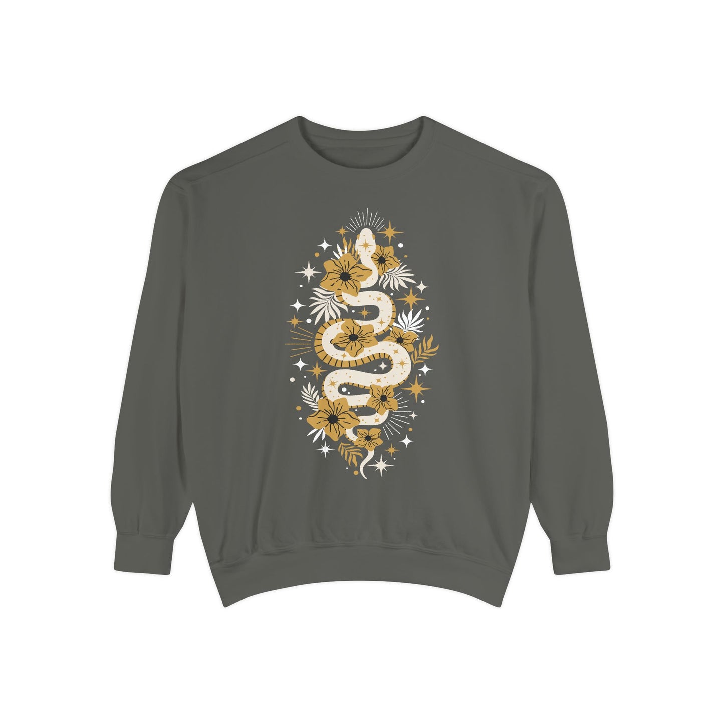 Mystic Gold Snake & Flower Unisex Sweatshirt, Boho Pullover Long Sleeve Sweatshirts, Bohemian Witchy Snake Print Apparel