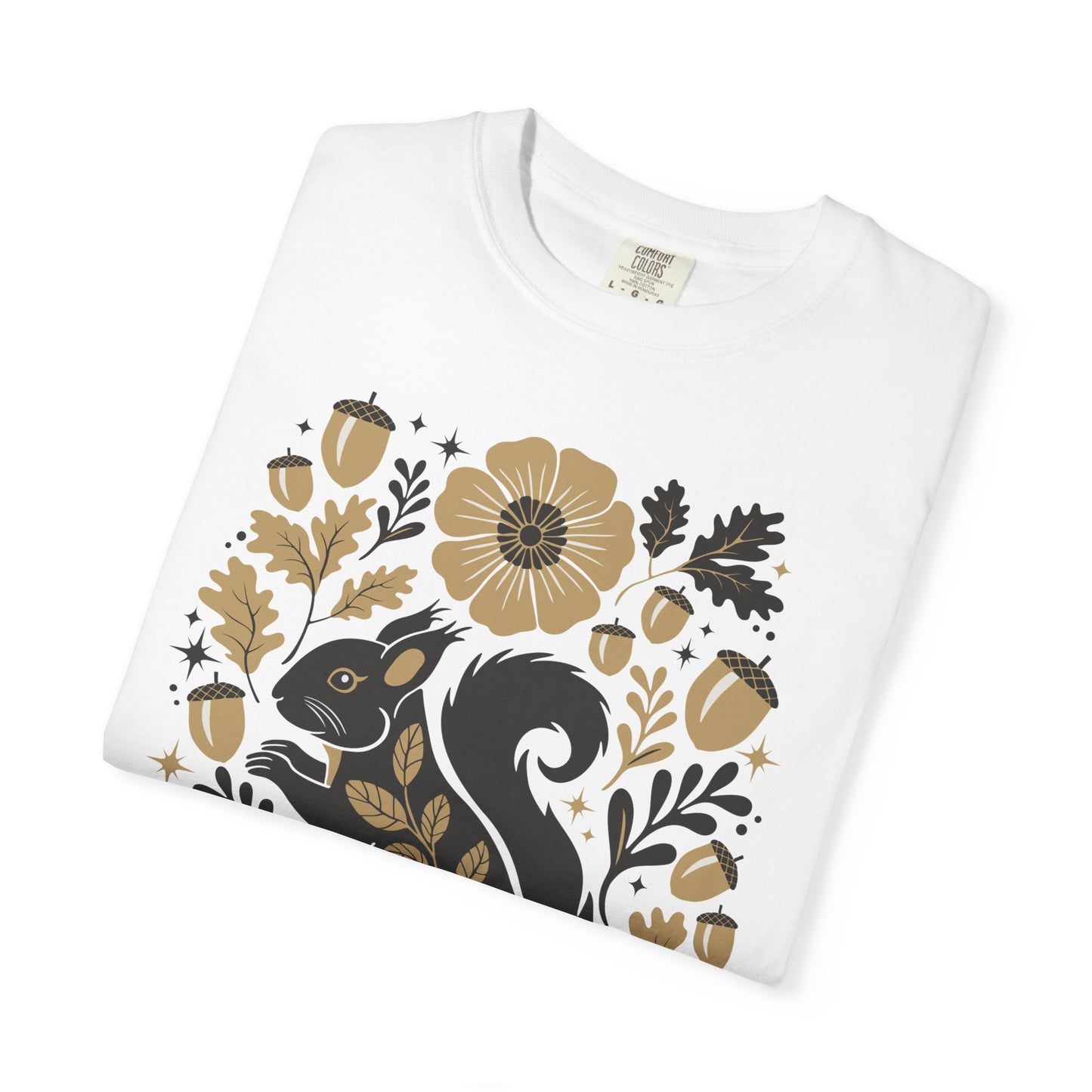 Woodland Squirrel Illustration T-shirt | Floral Acorn Nature Design Squirrels Tee, 100% Cotton Short Sleeve Shirts