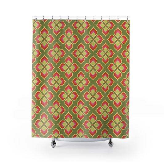 Vintage Vibes Retro Green, Pink and Orange Shower Curtain - 1970's Flower Pattern Shower Curtains Bathroom Decor