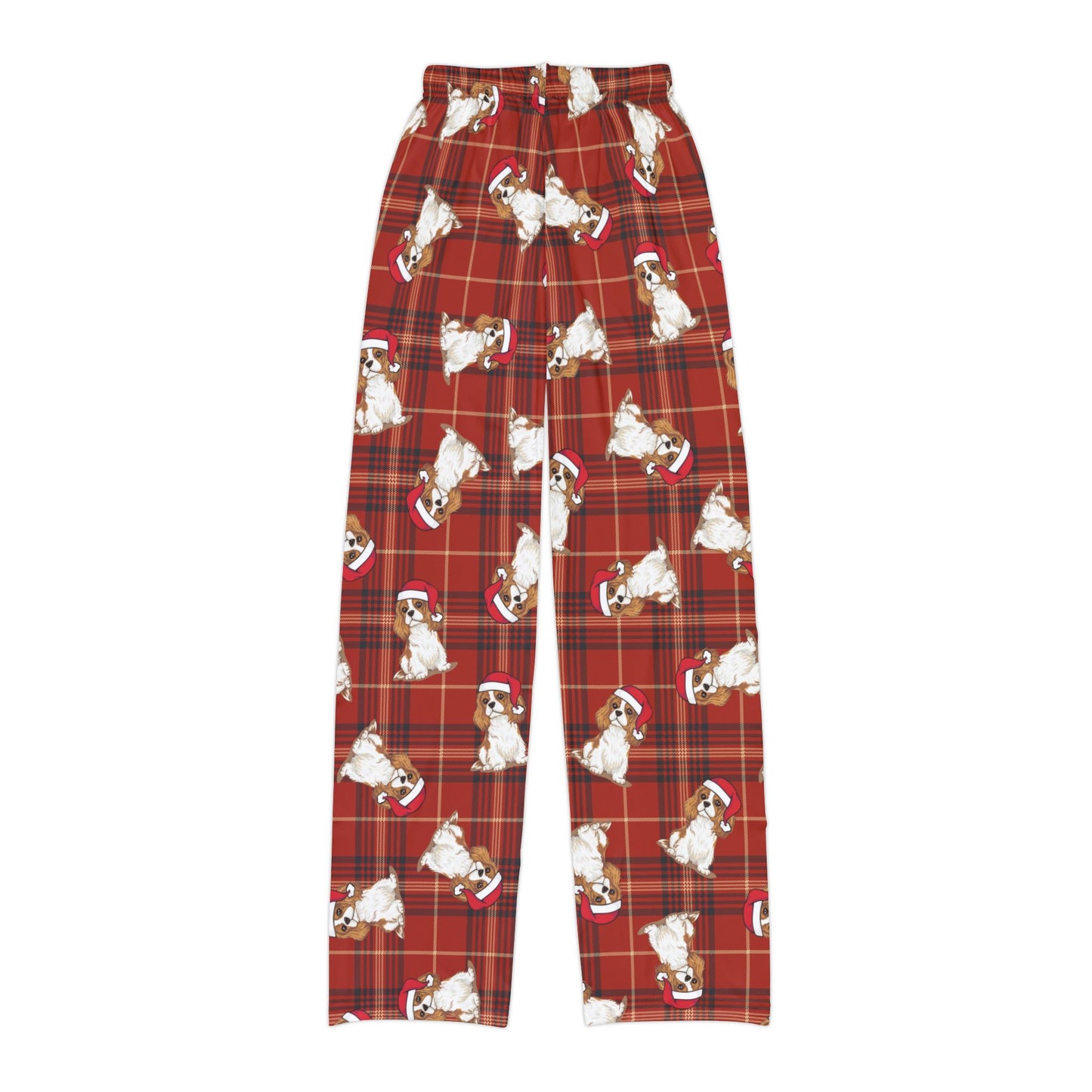 Kids Red Plaid Cavalier King Charles Spaniel Dog Christmas Pajama Pants, Santa Dogs PJ Bottoms, Kid's Holiday Sleepwear