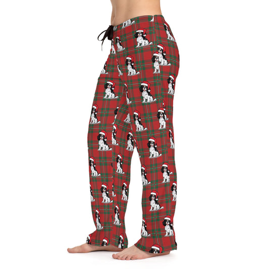 Cavalier King Charles Spaniel Dog  Women's Christmas Pajama Pants, Santa Dogs Red Plaid PJ Bottoms, Winter Loungewear, Holiday Sleepwear