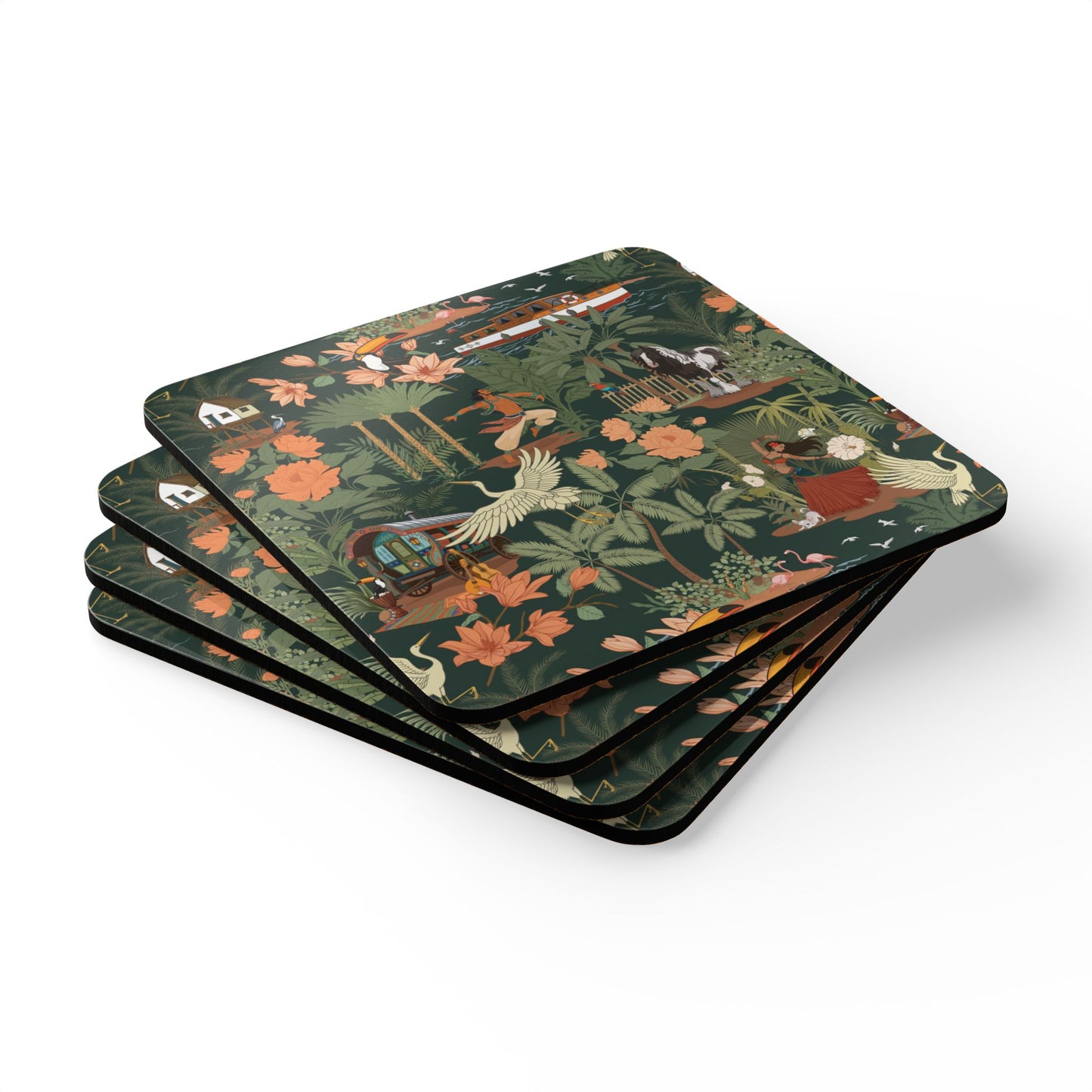 Tropical Nomad Jungle Pattern Cork Coaster Set | 4 Piece Palm Leaves, Birds, Floral Coasters, Island Drinkware