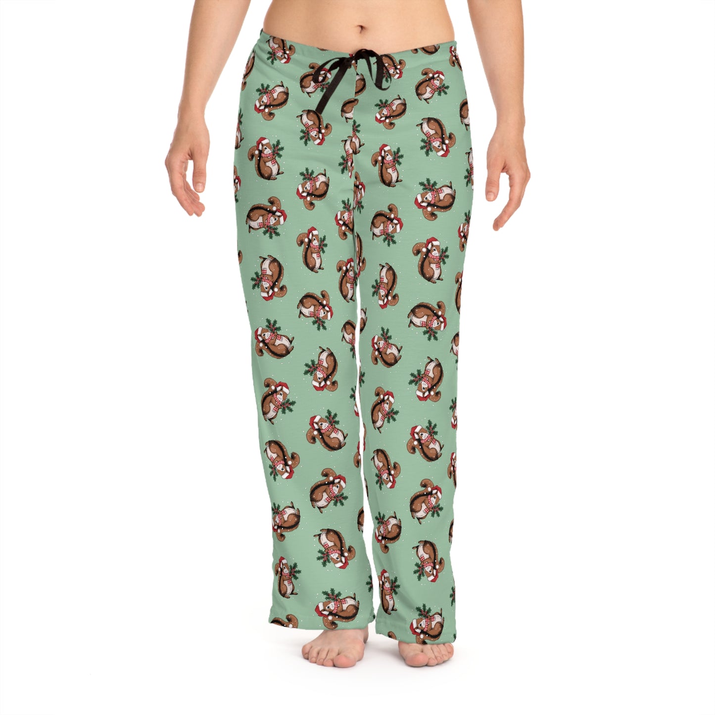 Christmas Squirrel Women's Pajama Pants, Festive Holiday Xmas Squirrels In Santa Hat Comfy Drawstring Pajamas, Cozy Winter Pajama Bottoms