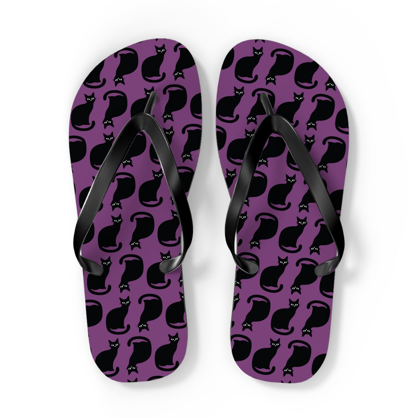 Black Cat Pattern Flip Flops | PurpleGoth Cat Silhouette Beach Sandals, Halloween Spooky Gothic Summer Footwear