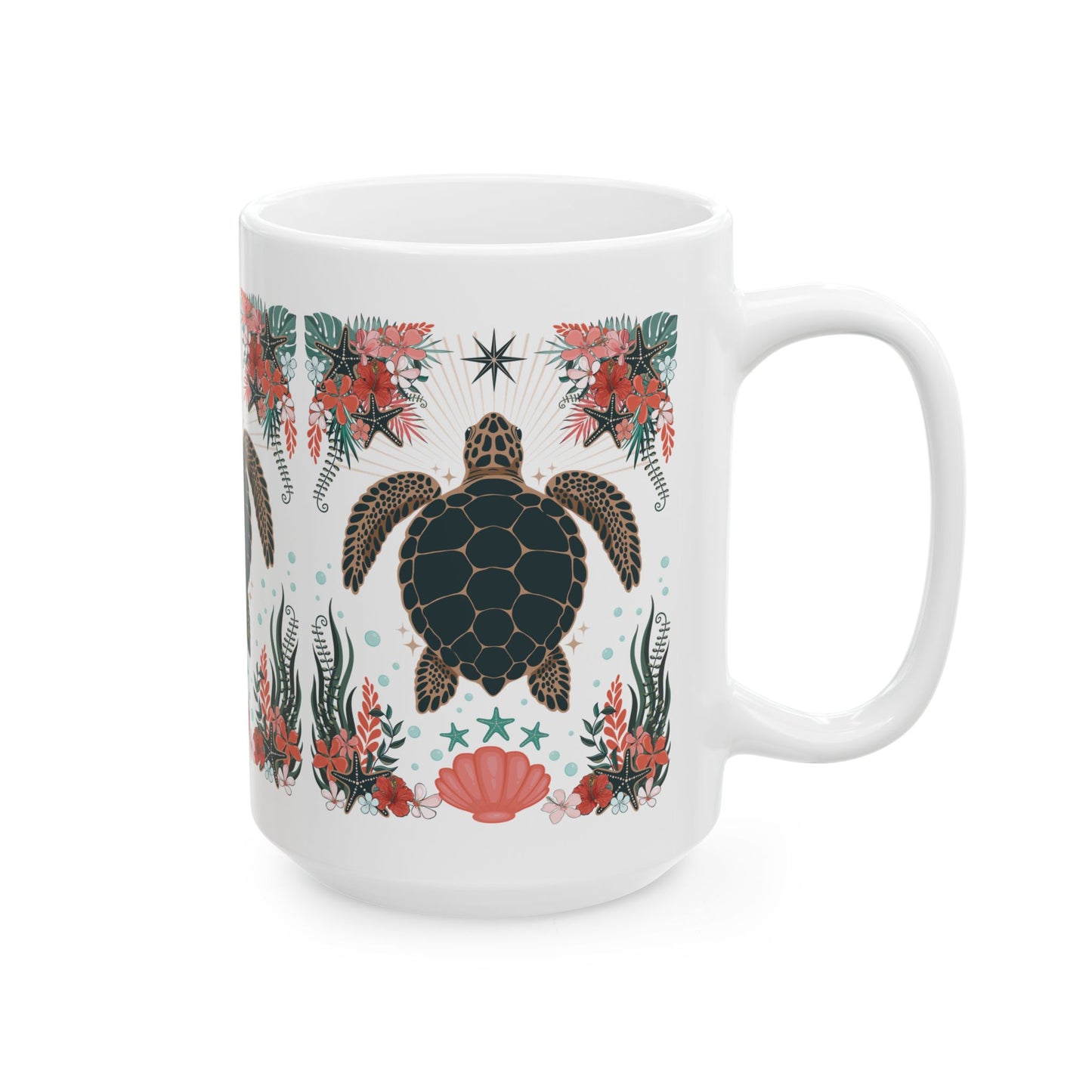 Tropical Sea Turtle Illustration Mug | Hawaiian Floral Marine Life Ceramic Coffee Mugs 15oz, Starfish, Coral, Shells, Flowers