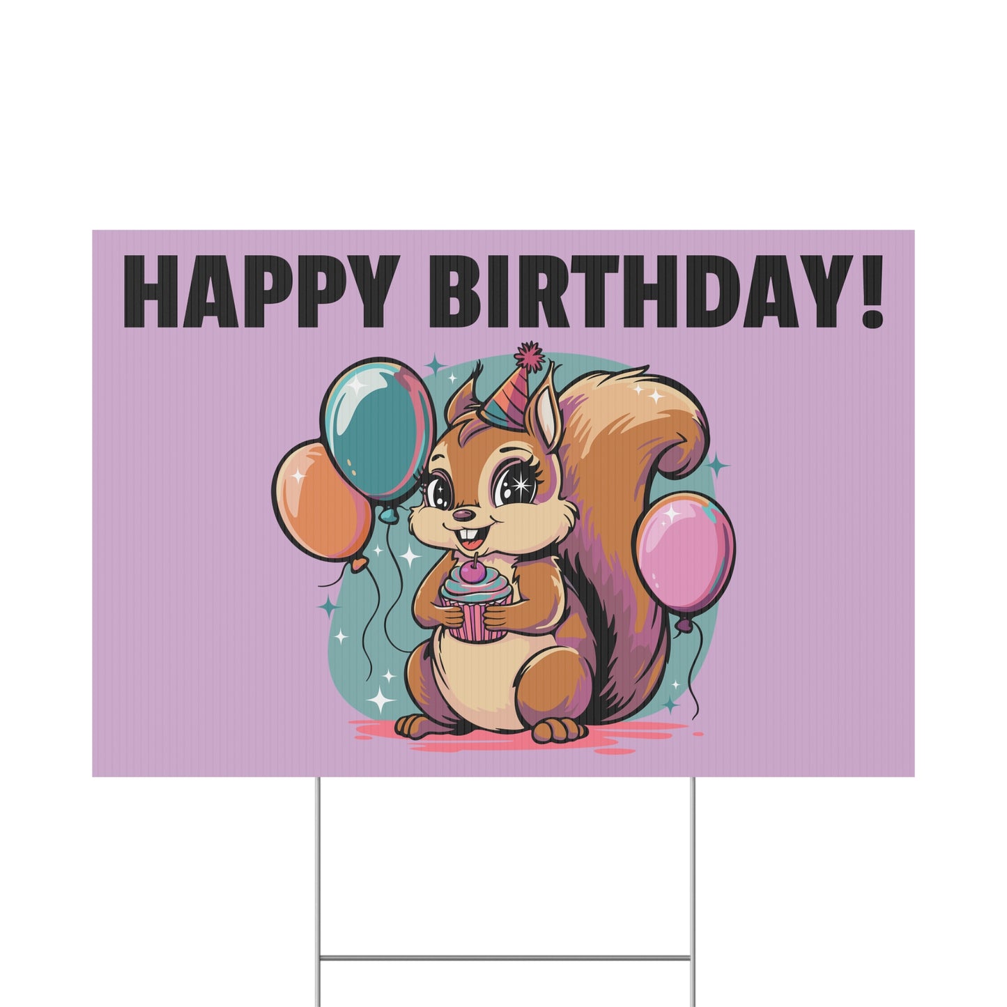 Happy Birthday Party Squirrel Plastic Yard Sign Purple Squirrels Balloons Cupcake Celebration Squirrels B-day Yard Signs