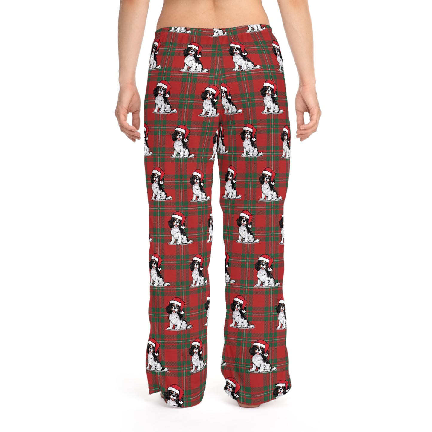 Cavalier King Charles Spaniel Dog  Women's Christmas Pajama Pants, Santa Dogs Red Plaid PJ Bottoms, Winter Loungewear, Holiday Sleepwear