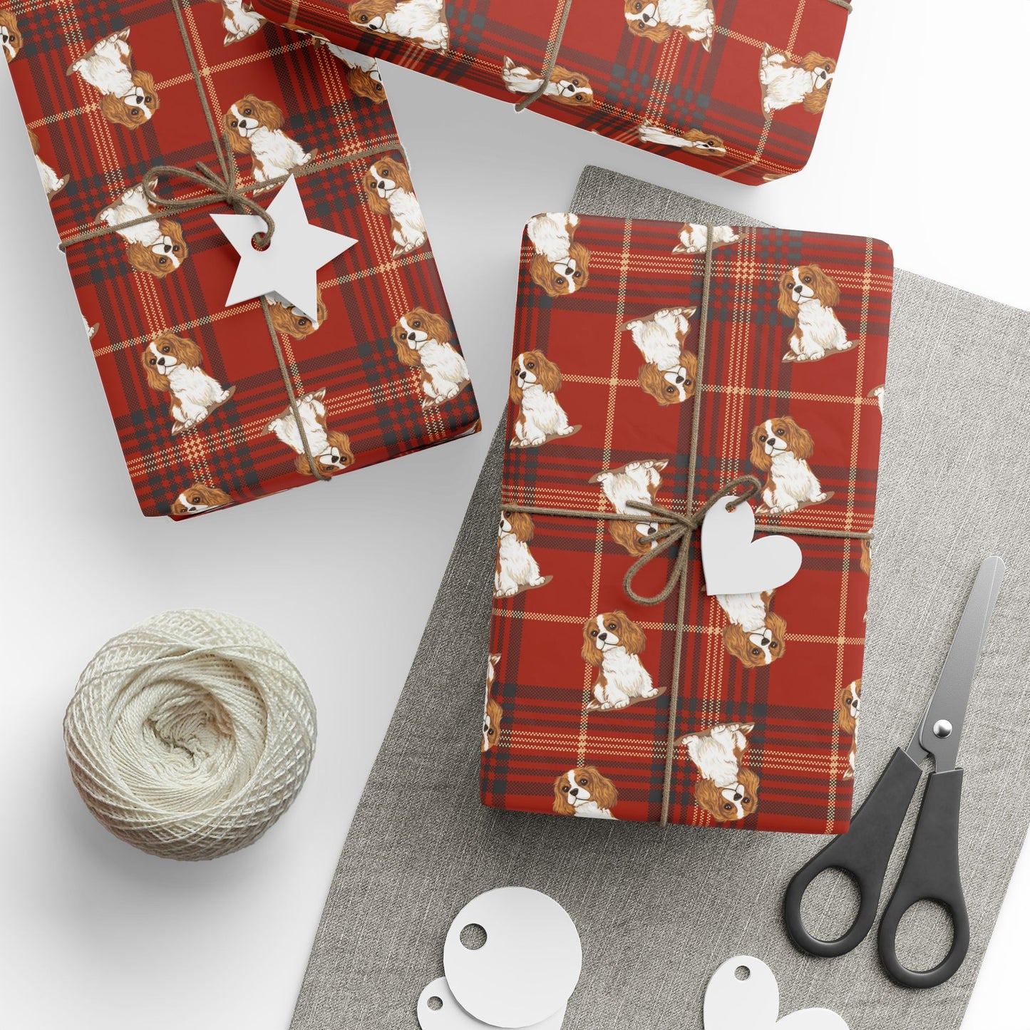Cavalier King Charles Spaniel Dog Wrapping Paper, Red Plaid Dogs Print Gift Wrap Roll, Christmas Holiday Birthday Matte Wrapping Papers