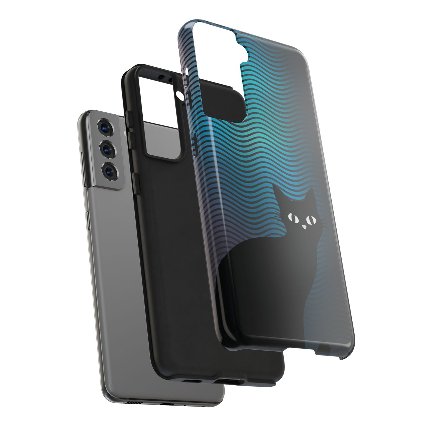 Black Cat Cell Phone Case | Peeking Kitty Graphic on Wavy Teal Background