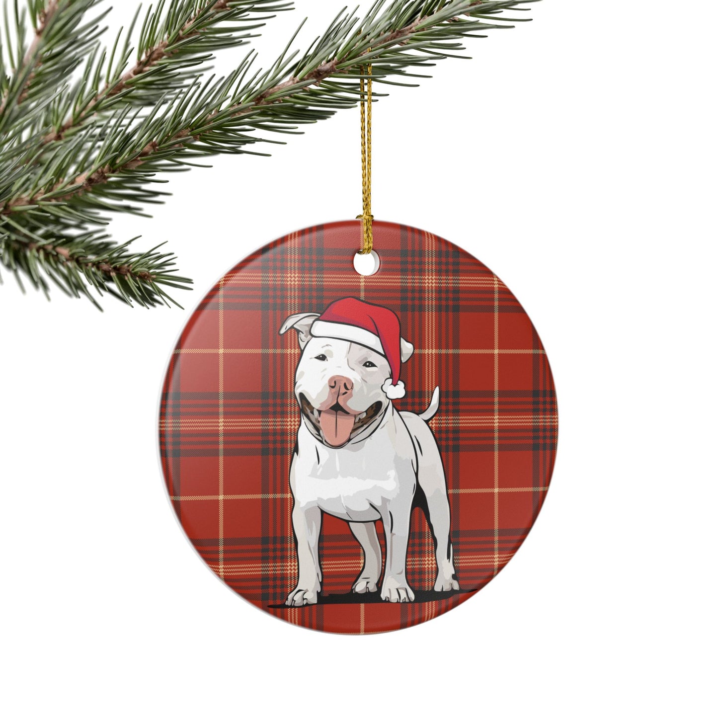 Santa Pit Bull Dog Christmas Tree Ornament, Xmas Pitbull Dogs Holiday Decorations, Pet Lover Gift, Red Plaid Ceramic Ornaments