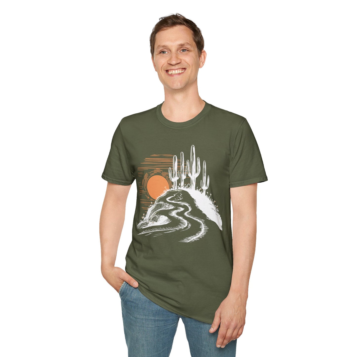 Arizona Desert Cactus Landscape Soft T-shit - Mens Womens Unisex Softstyle Tee with Sunset Saguaro Cactus Design