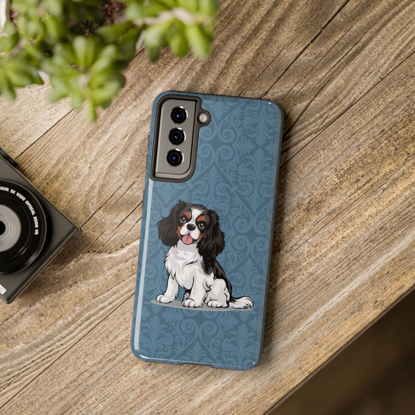 Tricolor Cavalier King Charles Spaniel Dog Phone Case, Tough Phone Cases Pet Dogs Blue Pattern