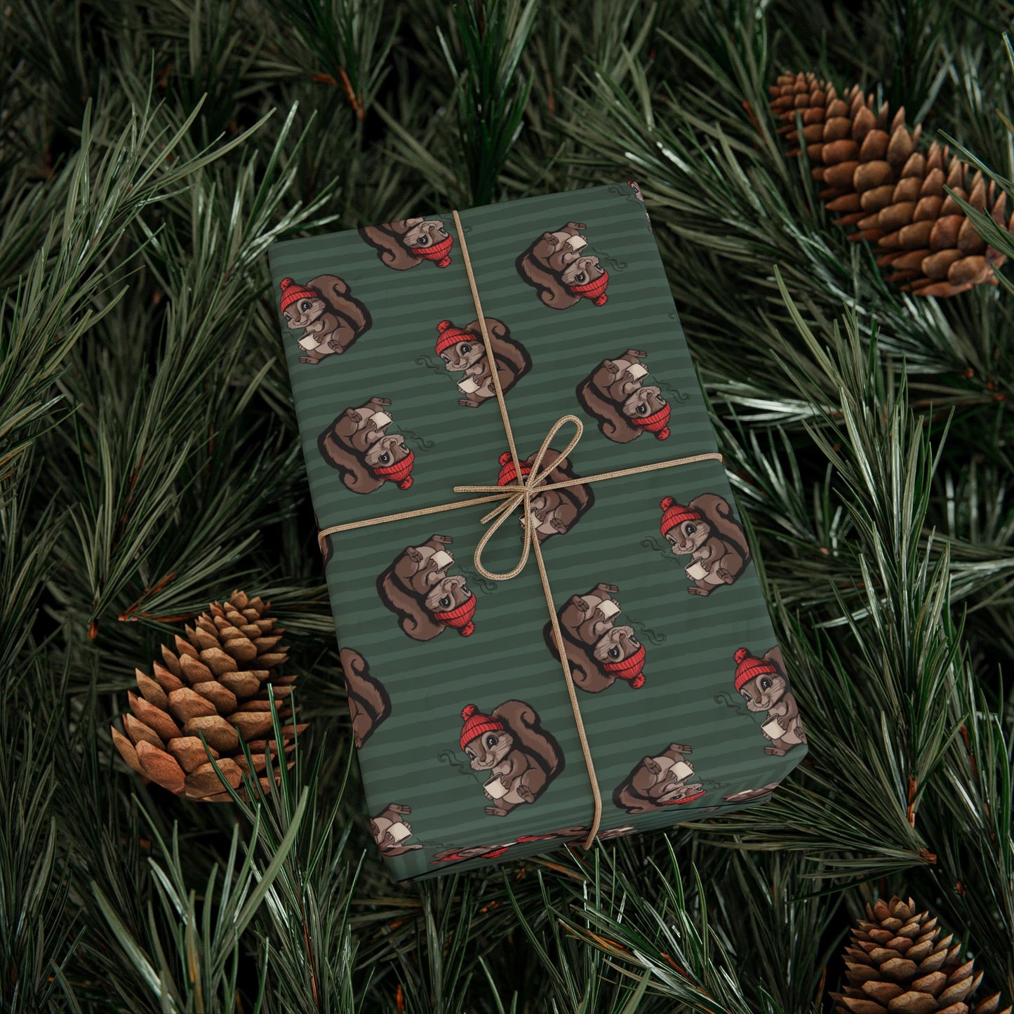 Cozy Squirrel Holiday Wrapping Paper, Cute Animal Green Striped Christmas Gift Wrap Roll Woodland Squirrels Pattern, Matte Finish