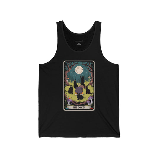 Witchy Cats Tank Top, Coven Tarot Card Unisex Tank Top, Halloween Black Cat Cauldron Sleeveless Shirt, Mens Womens Unisex Tops
