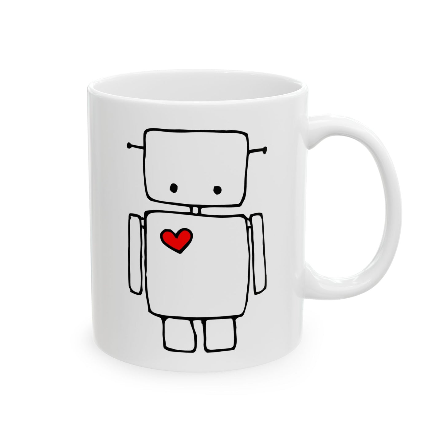 Robot with Red Heart White Ceramic Coffee Tea Mug 11 Oz with Cute Robots Design Drinkware Kitchen Gifts