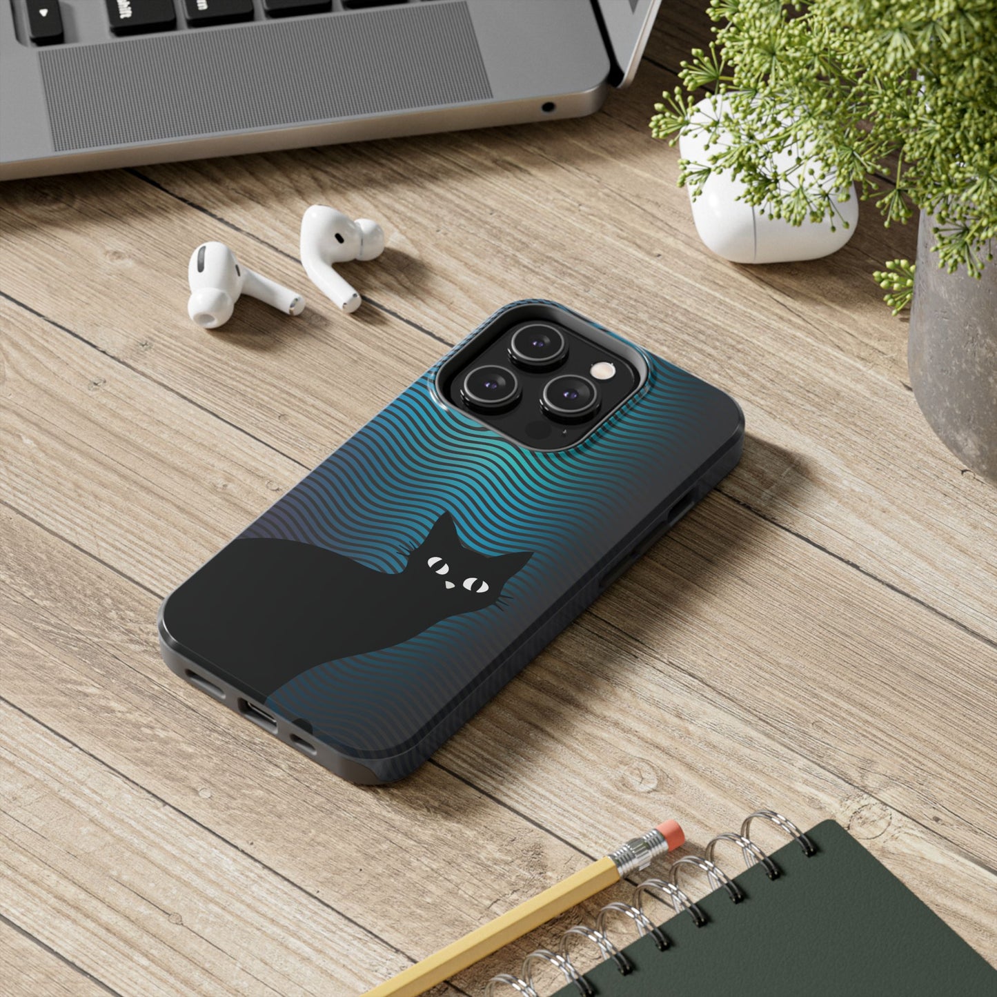 Black Cat Cell Phone Case | Peeking Kitty Graphic on Wavy Teal Background