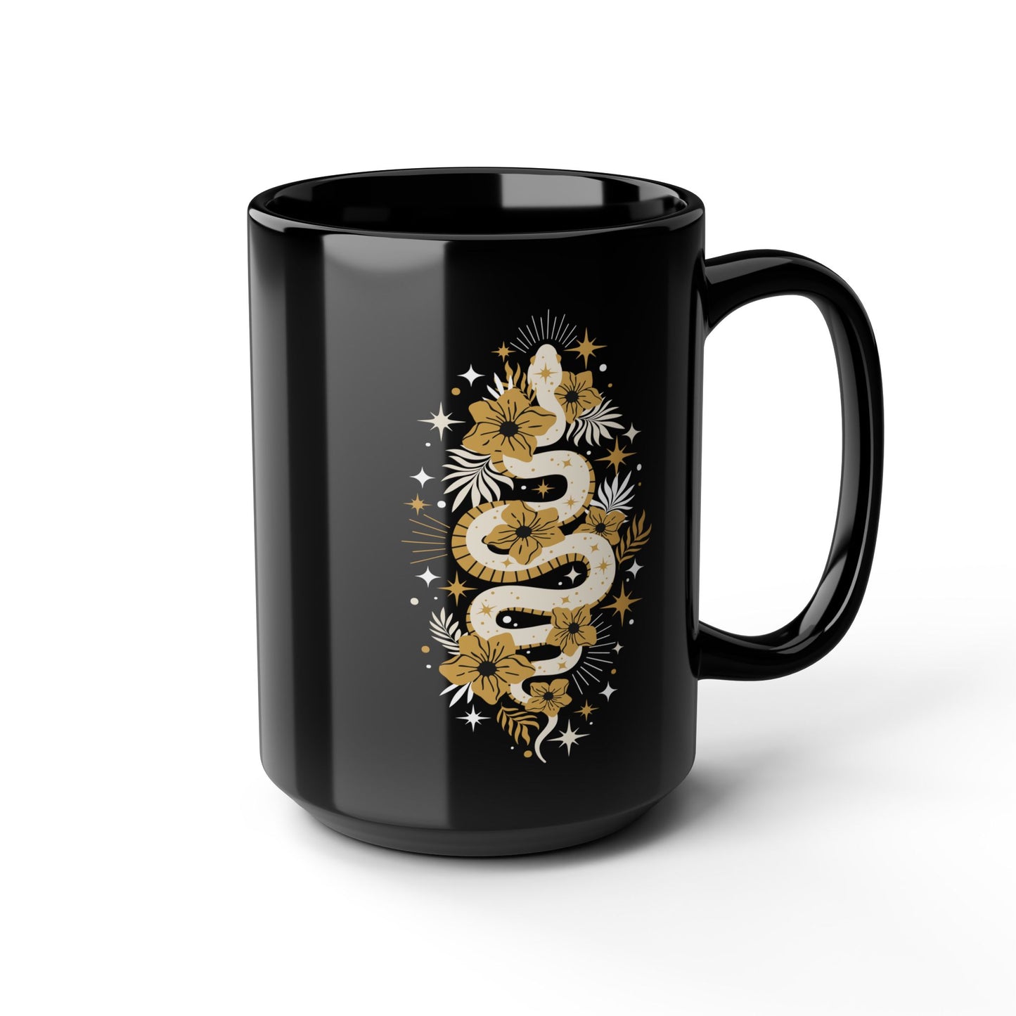 Mystic Golden Snake Black Mug, Boho 15oz Ceramic Coffee Cup, Unique Serpent Design, Coffee Lovers Mugs