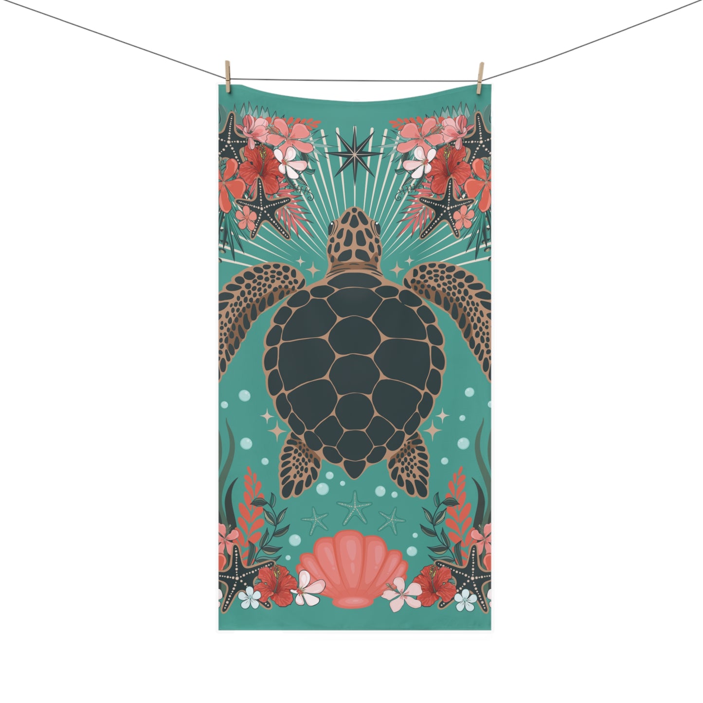Sea Turtle Beach Towel, Tropical Floral Ocean Design Bath Towels Pool Accessories, Marine Life Turtles Seashell Print