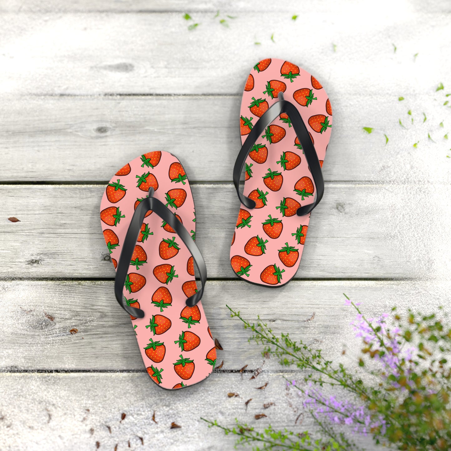 Strawberry Pattern Flip Flops | Pink Strawberries Fruit Summer Beach Sandals, Women's Beach Pool Footwear