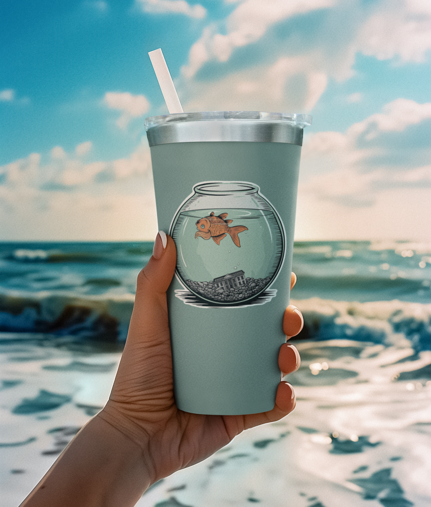 Dead Goldfish In A Fishbowl Sticker - 3.5" Vinyl Decal Stickers Waterproof Outdoor Car, Anti-Trump Leftist Political Humor Shirts, Fish Floating Bowl