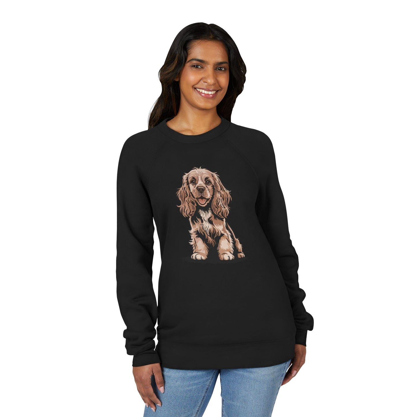 Cocker Spaniel Puppy Dog Sweatshirt | Cute Dogs Illustration Long Sleeve Raglan Fleece Sweatshirts, Pet Owner Apparel