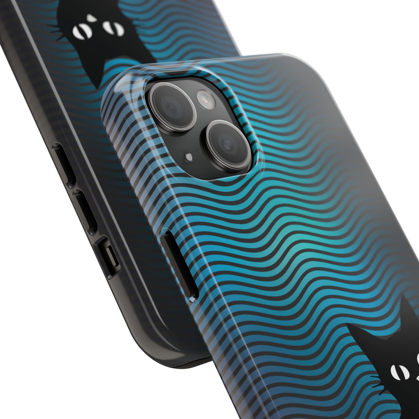 Black Cat Cell Phone Case | Peeking Kitty Graphic on Wavy Teal Background