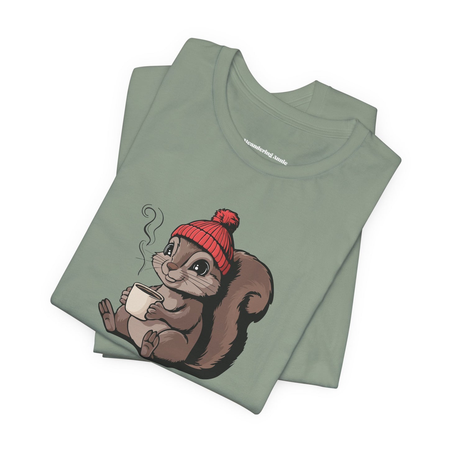 Cozy Squirrel with Coffee T-Shirt | Cute Fall Squirrels Woodland Animal Tee, Short Sleeve Graphic Print Shirts