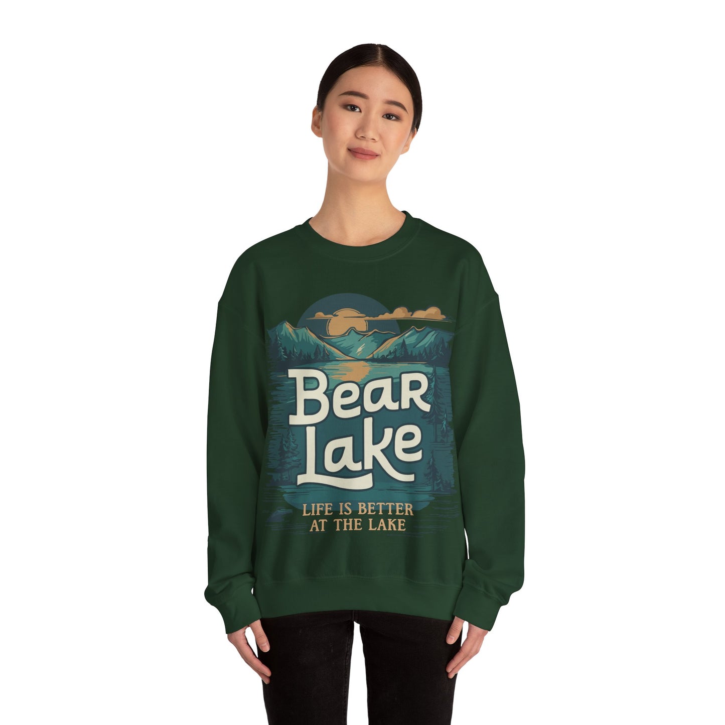 Bear Lake Scenic Mountain View Crewneck Sweatshirt with Utah Idaho Vacation Destination, Mens Womens Pullover Sweatshirts