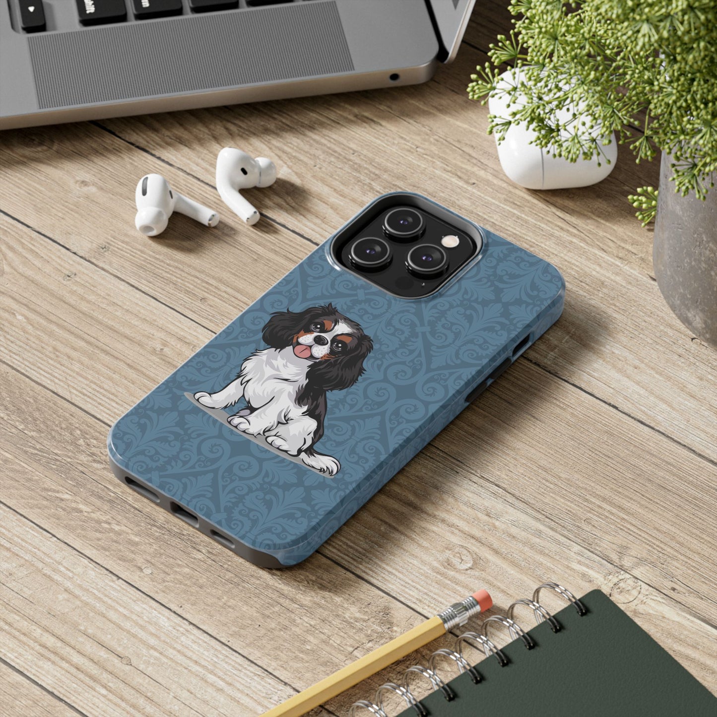 Tricolor Cavalier King Charles Spaniel Dog Phone Case, Tough Phone Cases Pet Dogs Blue Pattern