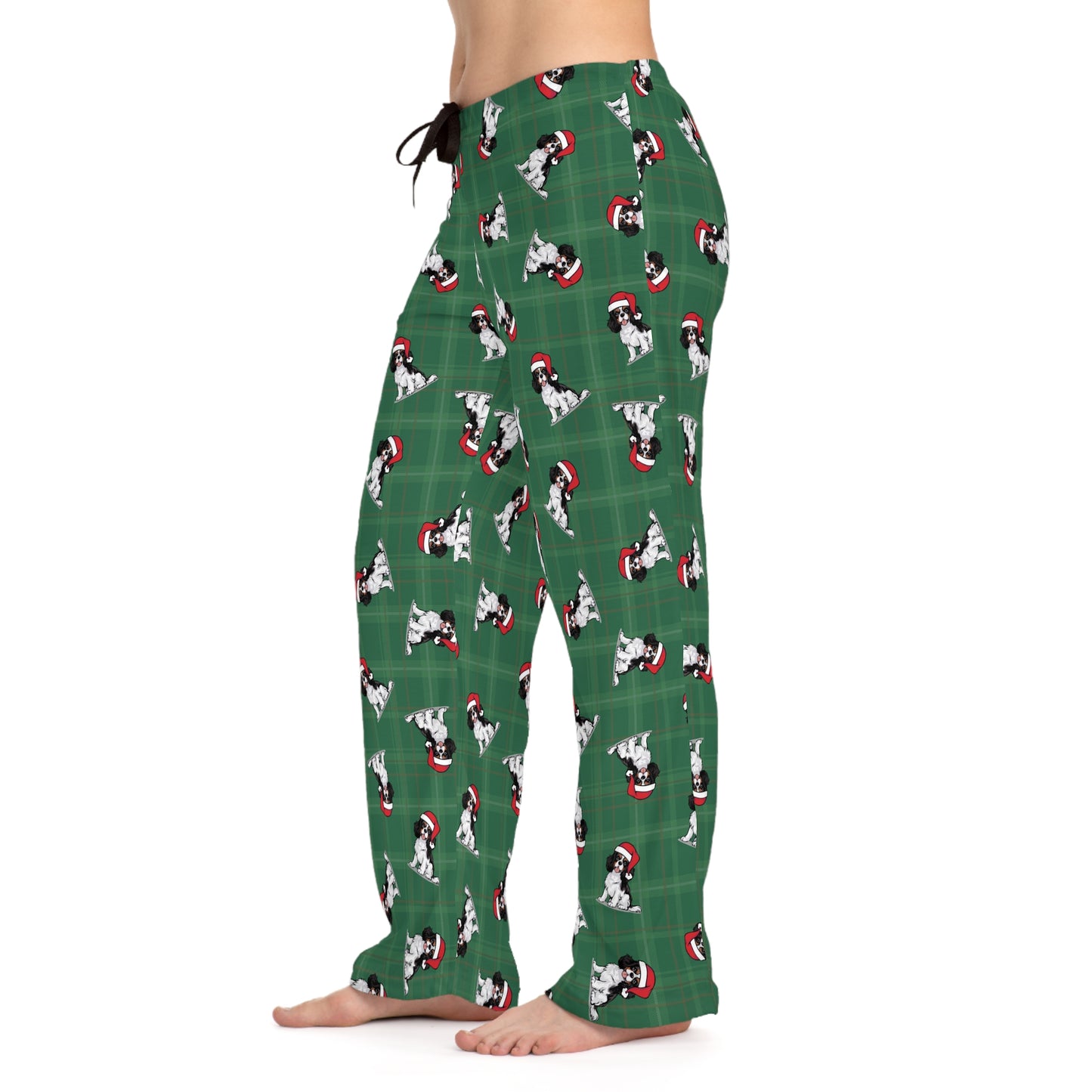 Tricolor Cavalier King Charles Spaniel Dog Womens Christmas Pajama Pants, Santa Dogs Green PJ Bottoms