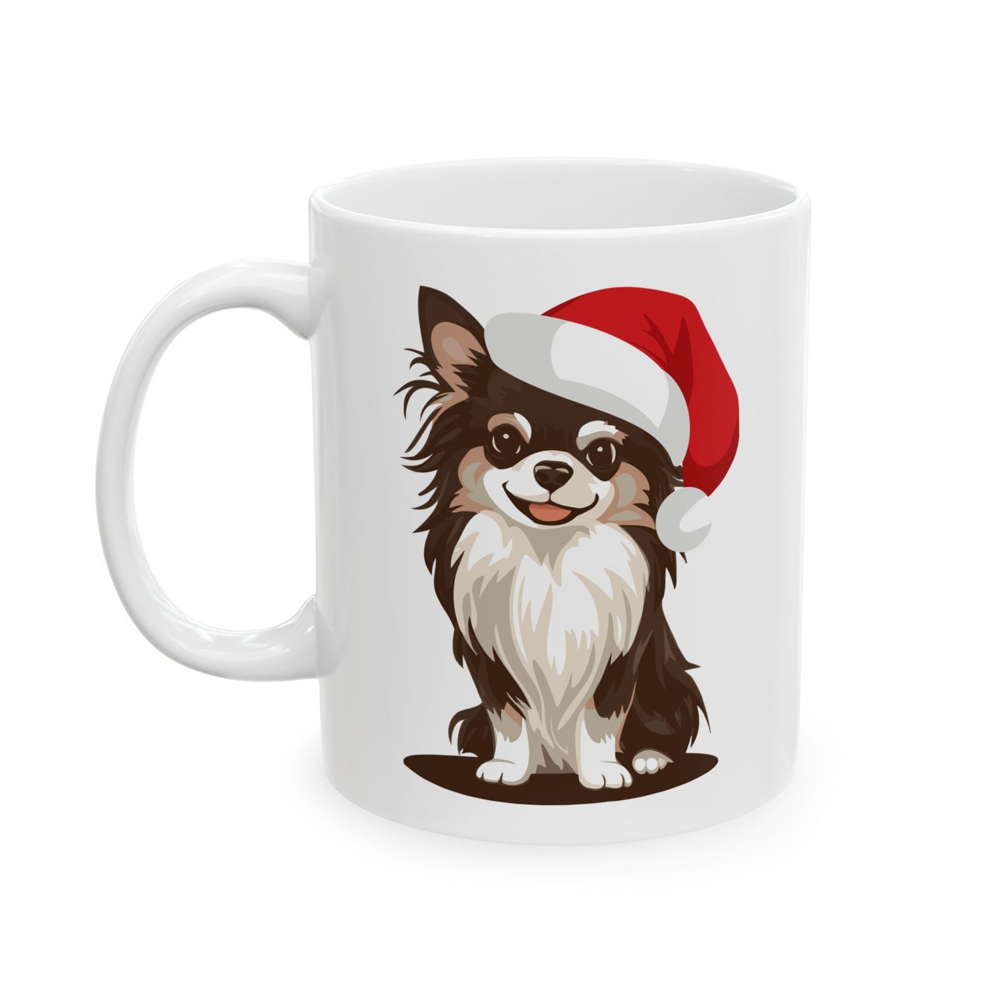 Christmas Long Haired Chihuahua Dog Ceramic Mug, Holiday Xmas Santa Dogs Coffee Mug, Cute Snowy Winter Puppy Tea Hot Chocolate Mug